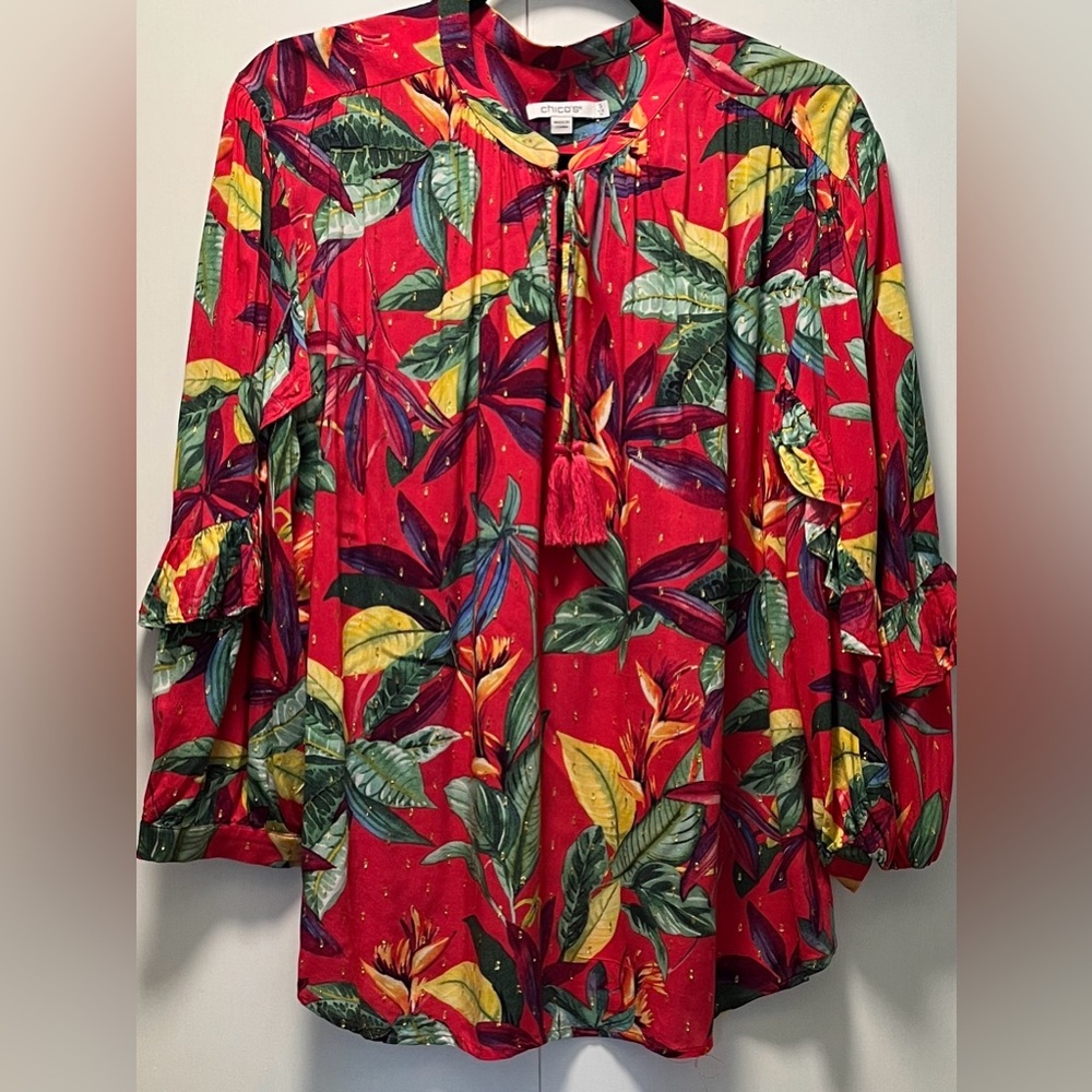 Chico’s Hot Pink Tropical Design Pullover Blouse